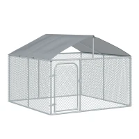 PawHut 7.5'Lx7.5'Wx5.6'H Large Outdoor Dog Kennel Playpen Galvanized Pet Exercise House Cage with Canopy Roof, Silver(m-2)