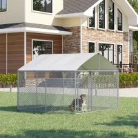 PawHut 10'Lx10'Wx6'H Large Outdoor Dog Kennel Playpen Galvanized Pet Exercise House Cage with Canopy Roof, Silver(m-1)