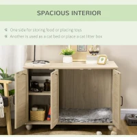 PawHut Cat Litter Box Enclosure Side Table, Cat Washroom Storage with Soft Cushion, PE Rattan, Adjustable Partition, Oak(m-5)