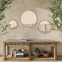 HOMCOM Set of 3 Wood Wall Mirror, Home Modern Round Mirror for Wall in Living Room, Bedroom, Natural(m-2)