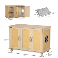PawHut Cat Litter Box Enclosure Side Table, Cat Washroom Storage with Soft Cushion, PE Rattan, Adjustable Partition, Oak(m-3)