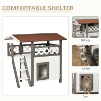 PawHut Wooden Cat House, 2-Floor Feral Cat Shelter, Kitten Condo Outdoor, Small Dog House with Balcony, Stairs, Asphalt Roof, White and Gray(m-4)