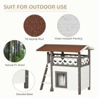 PawHut Wooden Cat House, 2-Floor Feral Cat Shelter, Kitten Condo Outdoor, Small Dog House with Balcony, Stairs, Asphalt Roof, White and Gray(m-6)