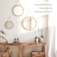 HOMCOM Set of 3 Wood Wall Mirror, Home Modern Round Mirror Hanging for Living Room, Bedroom, Natural(m-4)