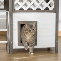 PawHut Wooden Cat House, 2-Floor Feral Cat Shelter, Kitten Condo Outdoor, Small Dog House with Balcony, Stairs, Asphalt Roof, White and Gray(m-8)