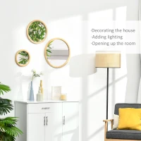 HOMCOM Set of 3 Wood Wall Mirror, Home Modern Round Mirror for Wall in Living Room, Bedroom, Natural(m-4)