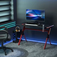 HOMCOM 43in Gaming Desk with RGB LED Lights Racing Style Gaming Table with Cup Holder & Cable Management, Red(m-2)