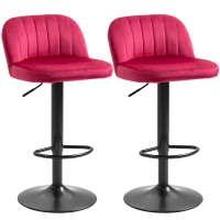 HOMCOM Adjustable Bar Stools Set of 2, Velvet Counter Height Barstool, Upholstered Kitchen Stool with Swivel Seat, Steel Frame, Footrest for Kitchen Counter and Dining Room, ‎Red(m-1)