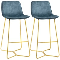 HOMCOM Bar Height Bar Stools, Velvet-Touch Fabric Bar Chairs, 30.25" Seat Height Stools with Gold-Tone Metal Legs for Dining Area, Home Bar, Set of 2, Blue(m-1)