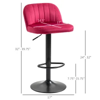 HOMCOM Adjustable Bar Stools Set of 2, Velvet Counter Height Barstool, Upholstered Kitchen Stool with Swivel Seat, Steel Frame, Footrest for Kitchen Counter and Dining Room, ‎Red(m-3)