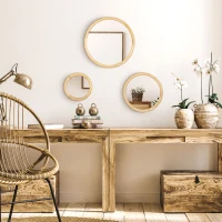 HOMCOM Set of 3 Wood Wall Mirror, Home Modern Round Mirror for Wall in Living Room, Bedroom, Natural(m-6)