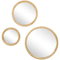 HOMCOM Set of 3 Wood Wall Mirror, Home Modern Round Mirror Hanging for Living Room, Bedroom, Natural(m-2)