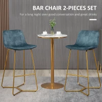 HOMCOM Bar Height Bar Stools, Velvet-Touch Fabric Bar Chairs, 30.25" Seat Height Stools with Gold-Tone Metal Legs for Dining Area, Home Bar, Set of 2, Blue(m-4)