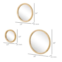 HOMCOM Set of 3 Wood Wall Mirror, Home Modern Round Mirror Hanging for Living Room, Bedroom, Natural(m-3)