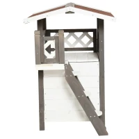 PawHut Wooden Cat House, 2-Floor Feral Cat Shelter, Kitten Condo Outdoor, Small Dog House with Balcony, Stairs, Asphalt Roof, White and Gray(m-7)