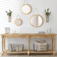 HOMCOM Set of 3 Wood Wall Mirror, Home Modern Round Mirror Hanging for Living Room, Bedroom, Natural(m-5)