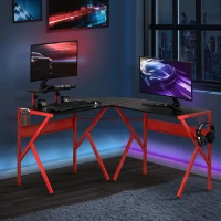 HOMCOM L-Shaped Gaming Desk, Corner Computer Desk, Gaming Table with Carbon Fiber Desktop, Adjustable Monitor Stand, Cup Holder, Headphone Hook and K Frame, Red/Black(m-9)