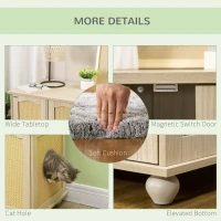PawHut Cat Litter Box Enclosure Side Table, Cat Washroom Storage with Soft Cushion, PE Rattan, Adjustable Partition, Oak(m-6)