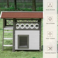 PawHut Wooden Cat House, 2-Floor Feral Cat Shelter, Kitten Condo Outdoor, Small Dog House with Balcony, Stairs, Asphalt Roof, White and Gray(m-5)