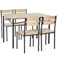HOMCOM Rustic Industrial 5-Piece Dining Table Set Black Metal with 4 Chairs for Kitchen, or Dining Room, Oak(m-13)