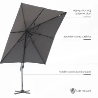 Outsunny 8' x 8' Square Patio Hanging Offset Umbrella Aluminum Outdoor Cantilever Crank Market Parasol Garden Sun Canopy Shelter 360° Rotation w/ Cross Base Grey(m-7)