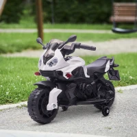 Aosom 6V Kids Motorcycle Dirt Bike Electric Battery-Powered Ride-On Toy Off-road Street Bike for Children with Rechargeable Battery, Pedal, Horn, Headlights, and Training Wheels for Balance White(m-9)