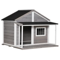 PawHut Outdoor Dog House Cabin Style, Wooden Raised Pet Kennel with Asphalt Roof, Front Door, Side Windows, Deck for Medium/Large Dogs, 53 Lbs., Grey(m-2)