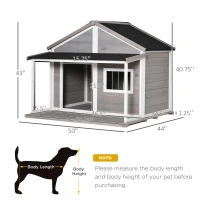 PawHut Outdoor Dog House Cabin Style, Wooden Raised Pet Kennel with Asphalt Roof, Front Door, Side Windows, Deck for Medium/Large Dogs, 53 Lbs., Grey(m-3)