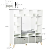 HOMCOM Kids Cube Storage Shelves with Bins and Large Storage for Kids Bedroom, Multiple Storage Units for Big Capacity Kids Shelf with Seat Featuring Thick Cushioning, White(m-3)