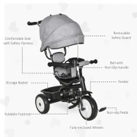 Qaba Baby Tricycle 2 In 1 Trike with Adjustable Canopy Detachable Guardrail Belt for Age 6-60 Months, Grey(m-4)
