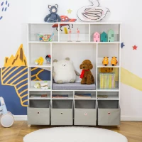 HOMCOM Kids Cube Storage Shelves with Bins and Large Storage for Kids Bedroom, Multiple Storage Units for Big Capacity Kids Shelf with Seat Featuring Thick Cushioning, White(m-8)