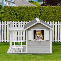 PawHut 2-Story Wooden Outdoor Dog House Shelter w/ Stairs & Balcony Medium, Large Dogs(m-2)