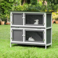 Pawhut Rabbit Hutch Wooden Bunny Cage Small Animal House w/ 2 Large Main Rooms, Pull Out Tray, Protection from UV Rays and Water, Grey(m-1)