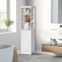 kleankin Tall Bathroom Storage Cabinet, Freestanding Linen Tower with 3-Tier Open Shelf and Door, Slim Floor Organizer, White(m-2)
