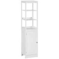 kleankin Tall Bathroom Storage Cabinet, Freestanding Linen Tower with 3-Tier Open Shelf and Door, Slim Floor Organizer, White(m-1)