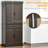 HOMCOM 70.75" Freestanding Kitchen Pantry with 4 Doors, and 2 Large Cabinets, Tall Storage Cabinet with Wide Drawer for Kitchen Dining Room, Coffee(m-6)