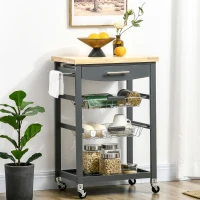 HOMCOM 3-Tier Kitchen Cart, Utility Cart with Solid Wood Top, Steel Basket, Rolling Kitchen Island with Drawer, Microwave Stand, Gray(m-7)