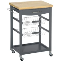 HOMCOM 3-Tier Kitchen Cart, Utility Cart with Solid Wood Top, Steel Basket, Rolling Kitchen Island with Drawer, Microwave Stand, Gray(m-1)