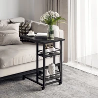 HOMCOM C Shaped End Table with Storage Shelves, Mobile Side Table with Wheels for Sofa Couch, Bed, Metal Frame, Black(m-2)