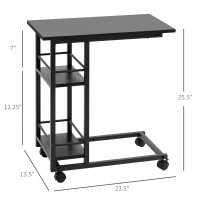 HOMCOM C Shaped End Table with Storage Shelves, Mobile Side Table with Wheels for Sofa Couch, Bed, Metal Frame, Black(m-3)