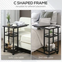 HOMCOM C Shaped End Table with Storage Shelves, Mobile Side Table with Wheels for Sofa Couch, Bed, Metal Frame, Black(m-4)