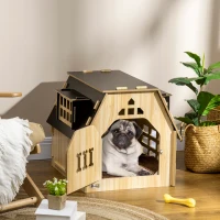 PawHut Cottage Design Small Dog House Indoor with Roomy Interior, Cute Wooden Pet Homee with Windows, Lockable Door with Bone Shape, for Small Sized Dog, Oak(m-2)