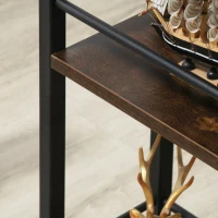 HOMCOM C Shaped End Table with Storage Shelves, Mobile Side Table with Wheels for Sofa Couch, Bed, Metal Frame, Rustic Brown(m-8)