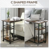 HOMCOM C Shaped End Table with Storage Shelves, Mobile Side Table with Wheels for Sofa Couch, Bed, Metal Frame, Rustic Brown(m-4)