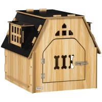 PawHut Cottage Design Small Dog House Indoor with Roomy Interior, Cute Wooden Pet Homee with Windows, Lockable Door with Bone Shape, for Small Sized Dog, Oak(m-1)