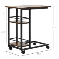 HOMCOM C Shaped End Table with Storage Shelves, Mobile Side Table with Wheels for Sofa Couch, Bed, Metal Frame, Rustic Brown(m-3)