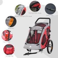 Aosom Dog Bike Trailer 2-In-1 Pet Stroller Cart Bicycle Wagon Cargo Carrier Attachment for Travel with 360 Swivel Wheel Reflectors Parking Brake Straps Cup Holder Red(m-9)
