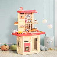 Qaba Kids Kitchen Play Set Role Play Cooking Toy, Educational Pretend Playset Game, w/ Water Circulation Spray Music Sound Light, 360° Rotation Faucet for 3-6 Years Old Beige, Pink(m-2)