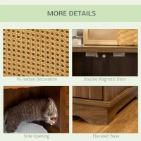 PawHut 3-in-1 Cat Litter Box Furniture Hidden, Cat Cabinet Bed, End Table with Rattan, Kitty Bed with Plush Foam Cushion, Modern Cat Bedding House with End Table Use, Walnut(m-6)