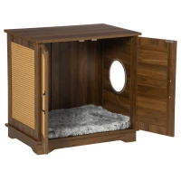 PawHut 3-in-1 Cat Litter Box Furniture Hidden, Cat Cabinet Bed, End Table with Rattan, Kitty Bed with Plush Foam Cushion, Modern Cat Bedding House with End Table Use, Walnut(m-8)